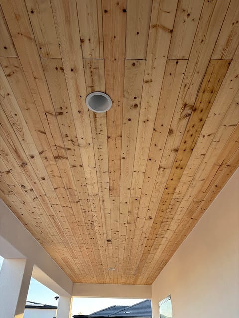 Tongue-and-groove wood patio ceiling