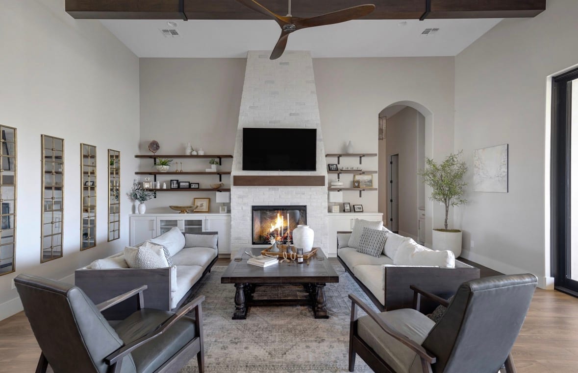 Living room with stone fireplace