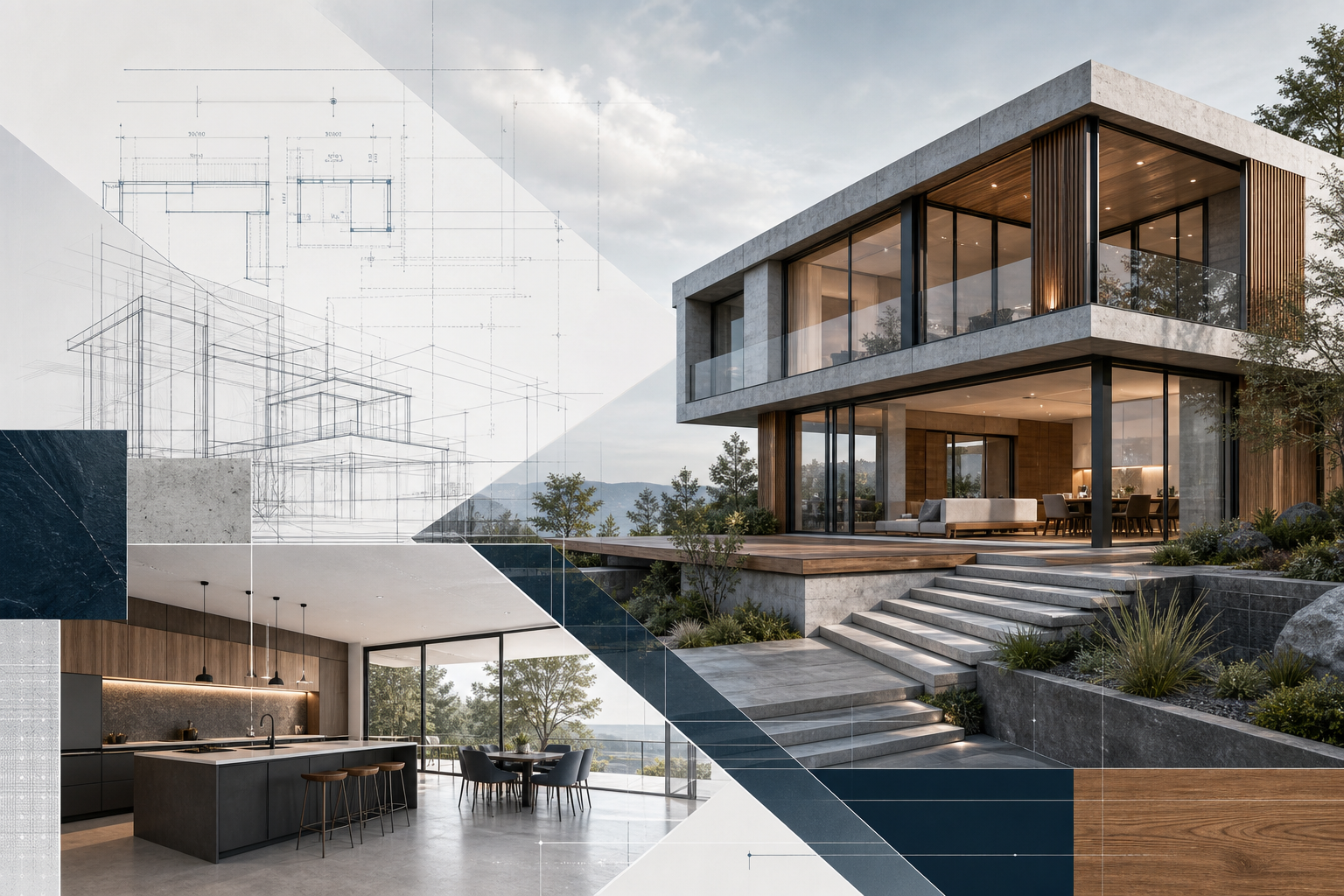 Modern Home Design with Blueprint Textures and Architectural Renderings